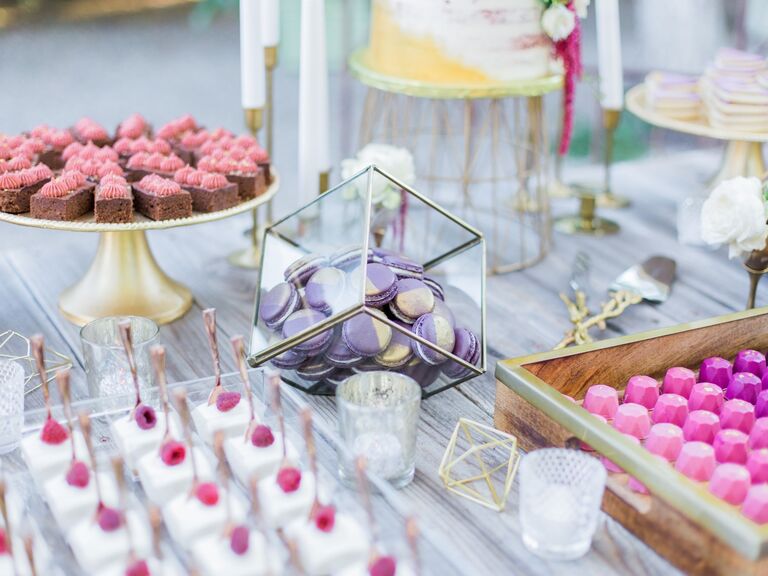 Pink and purple dessert table idea for bridal shower. 