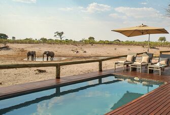 elephants drink from watering hole close by as a pool deck view appears for a botswana honeymoon