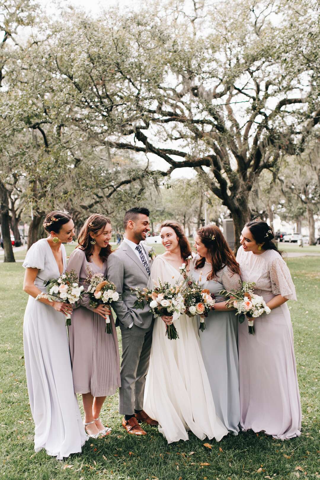 Classic Southern Wedding Party in Neutral Pastel Attire