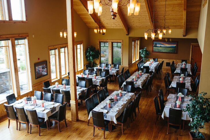 "Thanks to my mom and her sewing machine, she helped me make our table runners," Kellie says. "I bulk-ordered coral spray paint, and painted all our mason jars and beer bottles. I thought it would look pretty to have white tablecloths, coral chevron runners and bright coral bottles against the rustic wooden lodge."