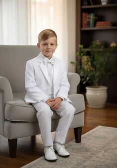 Little Tuxedos "Princeton" Kids White Tuxedo (5-Piece Set) Flower Girl Dress and Ring Bearer Outfit
