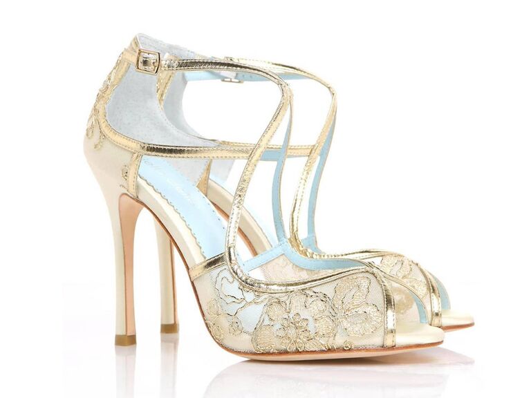 bella belle gold metallic lace wedding heels with criss cross straps