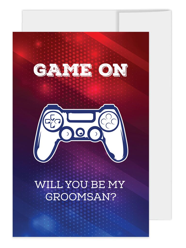 Game On and video game controller graphic groomsman card