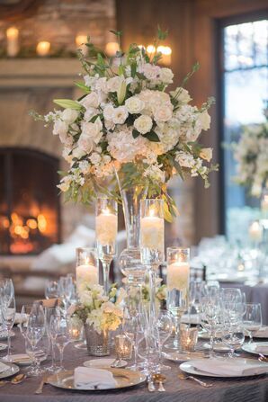 Rose and Hydrangea Centerpieces in Crystal Trumpet Vase