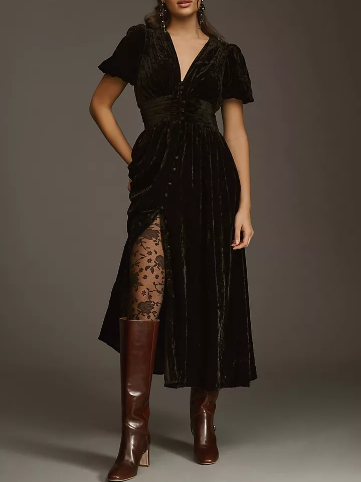 By Anthropologie short sleeve black velvet gothic bridesmaid dress