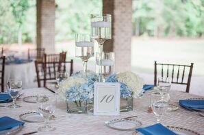 Low Blue and White Hydrangea Centerpieces