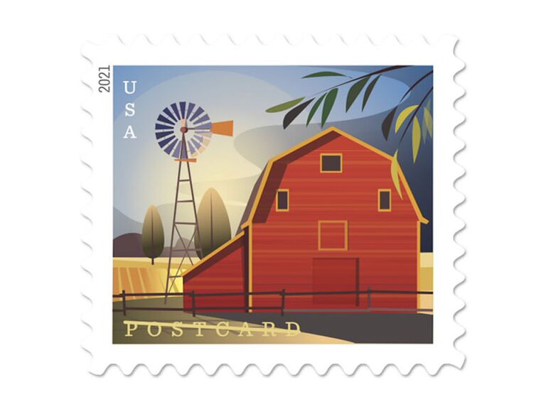 Red barn postcard stamp