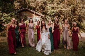 Bohemian Bride and Bridesmaids with Long Mismatched Gowns