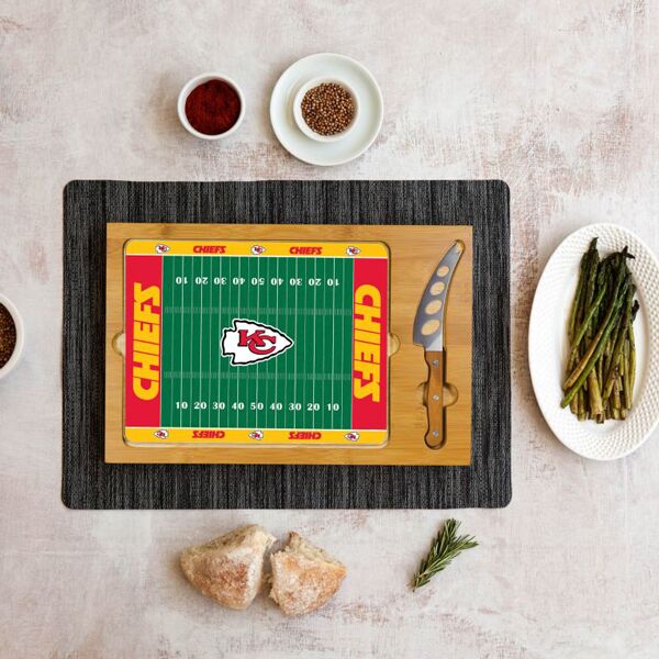 A cheeseboard customized to look like a Kansas City Chiefs football field.
