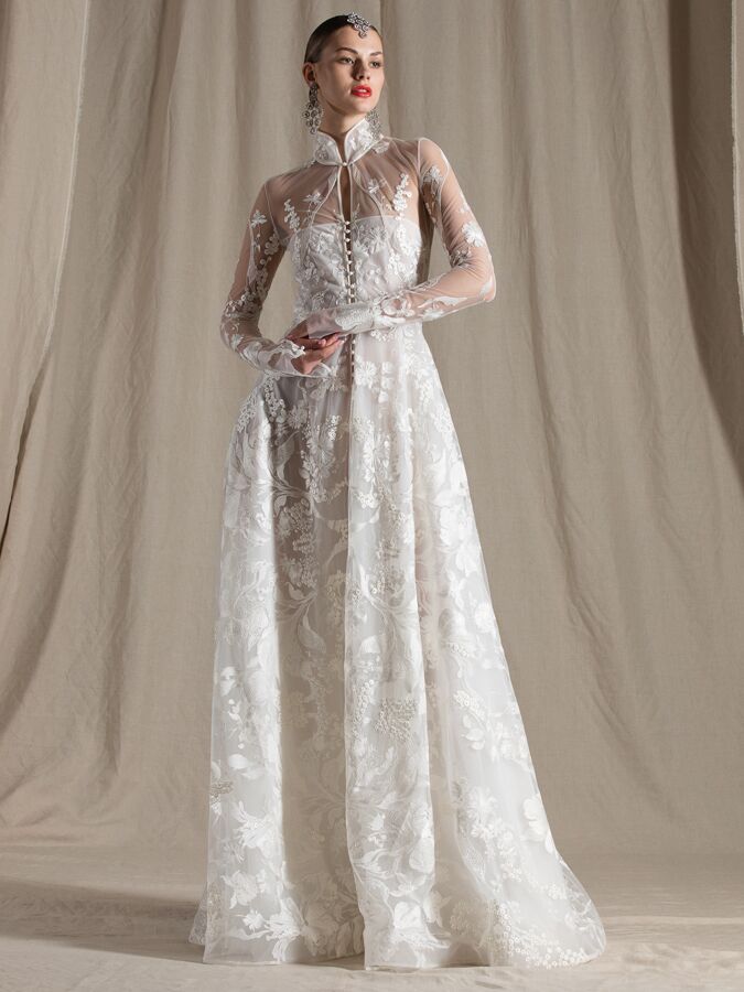 Naeem Khanl A-line lace wedding dress with high neck collar
