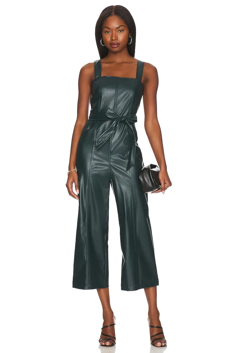 faux leather jumpsuit with midi pants and tie at waist