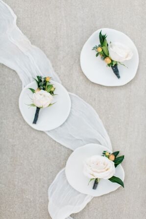 Ivory Rose and Coral Hypericum Boutonnieres