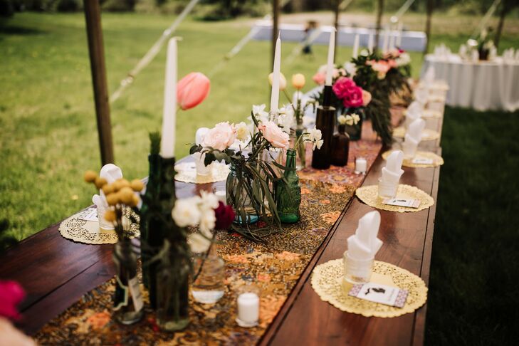 Wooden Dining Table with Eclectic Runner and Taper Candles