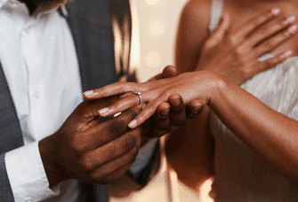 One person putting a wedding ring on another person's finger. 