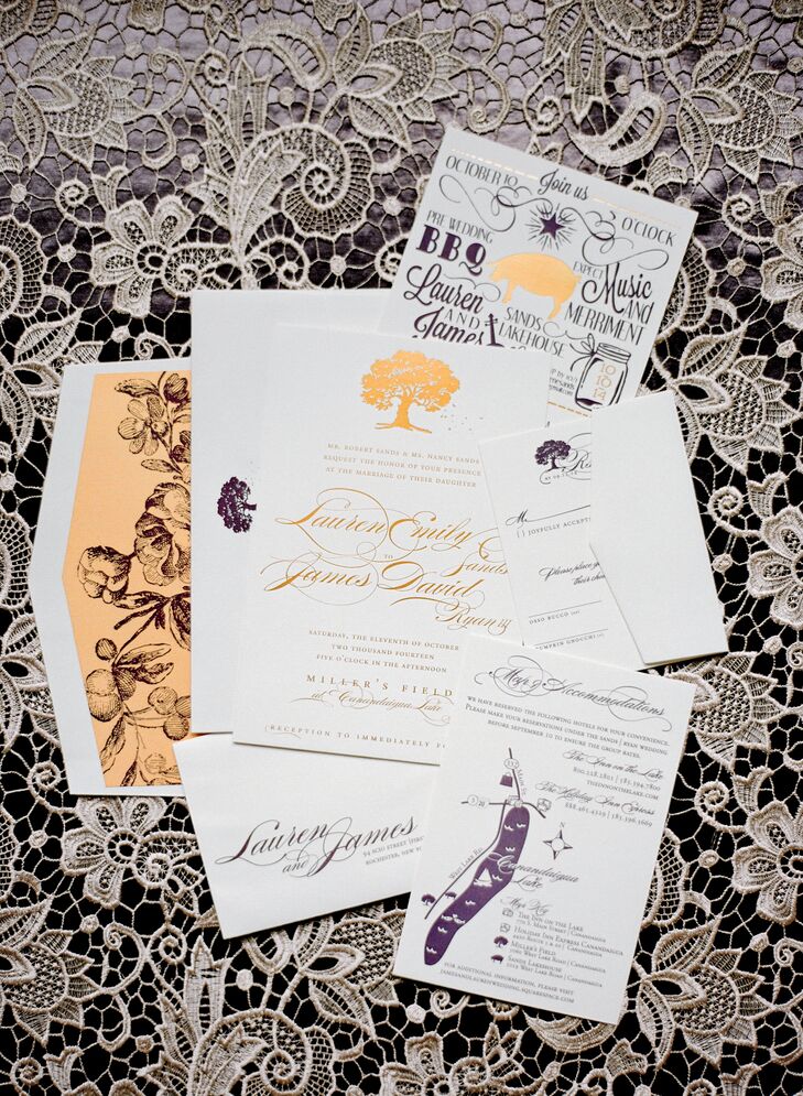 A formal gold script contrasted with playful plum typography to create an unexpected yet formal stationery suite.