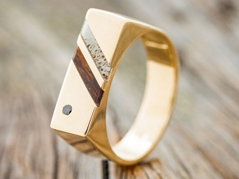 Black Diamond, Ironwood, & Antler Flat Top 14K Gold Wedding Band - Staghead Designs