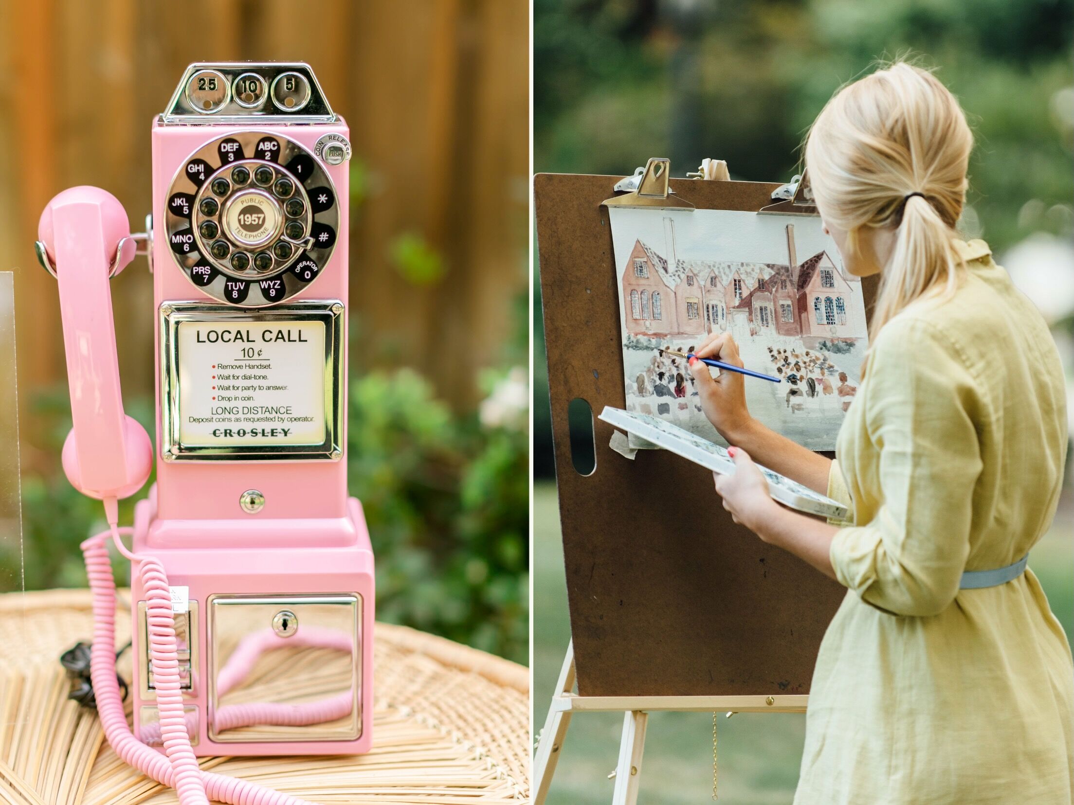 collage of 2023 wedding reception trends featuring pink wedding telephone guest book and live wedding artist painting the ceremony venue