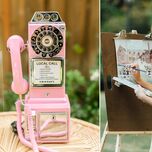 collage of 2023 wedding reception trends featuring pink wedding telephone guest book and live wedding artist painting the ceremony venue