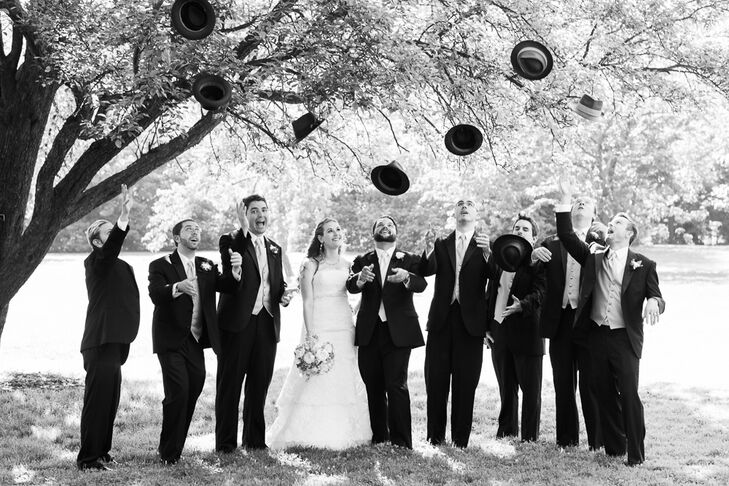 "My favorite part about the groomsmen's style was their hats," Alexandra says, "which we gave to them as thank-you gifts." Alexandra and Will bought each groomsman a black top hat from Goorin Brothers, adding a traditional, vintage touch to their formal black tuxedos.
