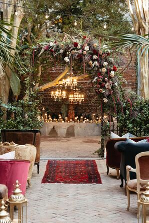 Courtyard Altar, Floral Arch With Dark Colors, Chandelier, Lounge Furniture Ceremony