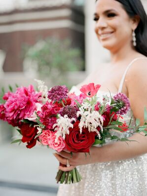 Pink Wedding Bouquet With Roses, Scabiosa, Astilbe and Peonies