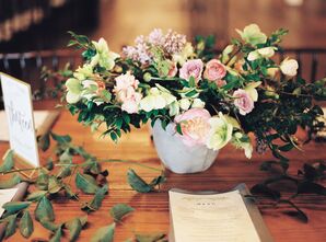 Loosely Arranged Garden Rose and Lilac Centerpiece
