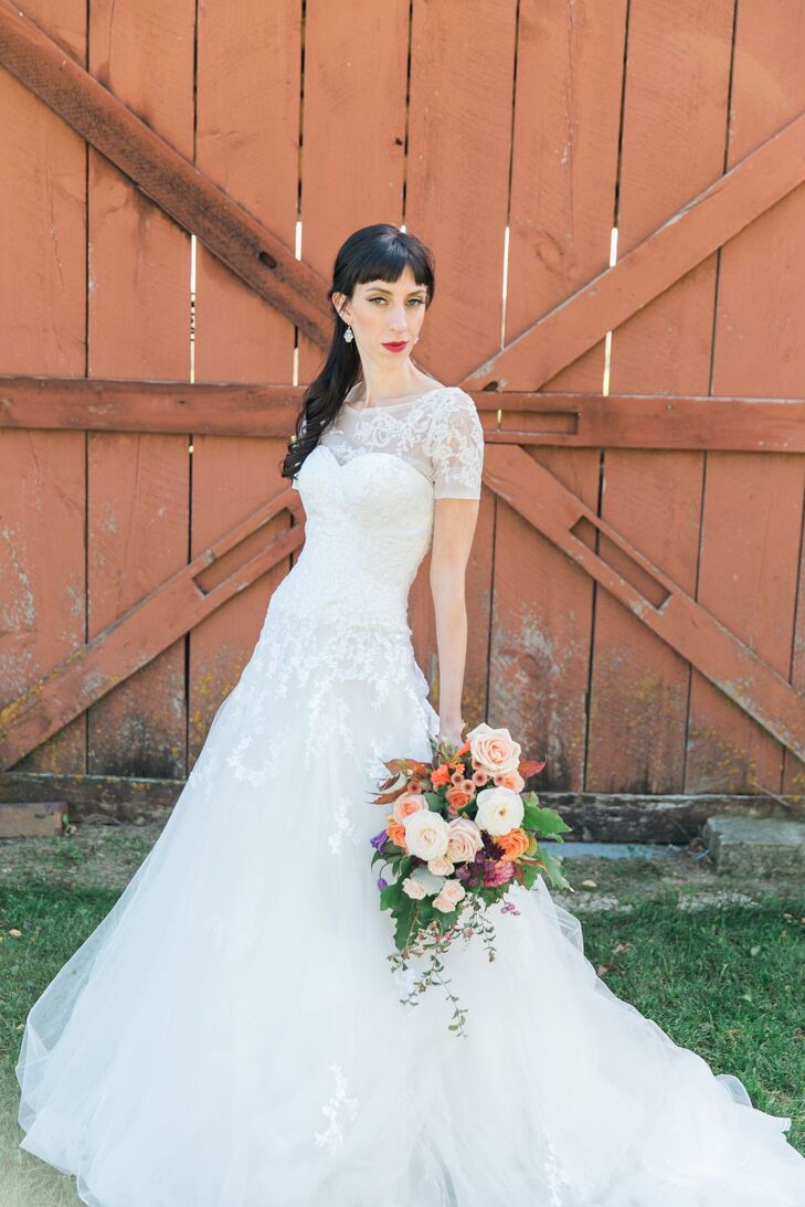 The bride found her Kitty Chen wedding dress in a boutique before buying it used from a woman living only an hour away.