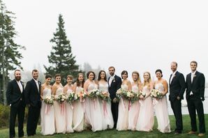 Pale Pink Bridesmaid Dresses with Navy Groomsmen Suits