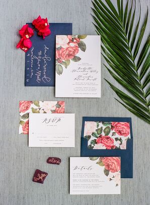 Custom Invitation Suite with Botanical Illustration and Blue Envelope
