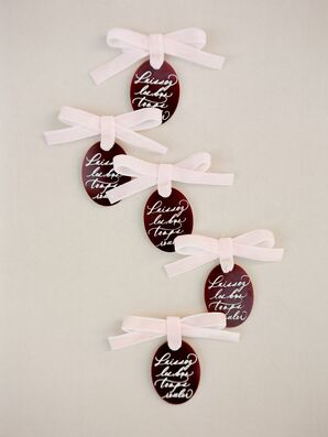Burgundy Acrylic Wedding Favors With Blush Ribbon