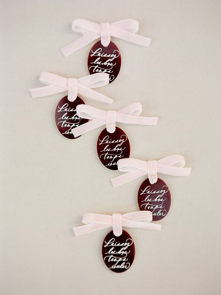 Burgundy Acrylic Wedding Favors With Blush Ribbon