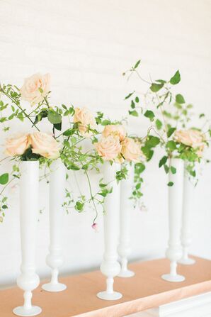 Tall White Milk Glass Vases with Peach Roses