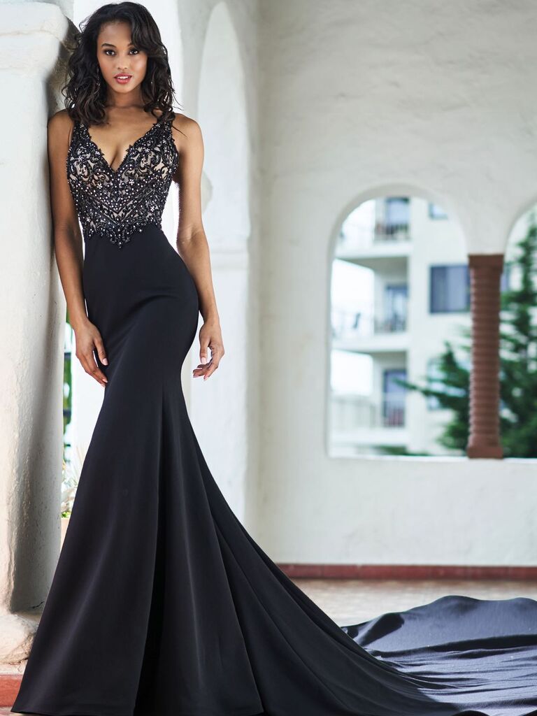 Black silk mermaid silhouette wedding gown for older brides