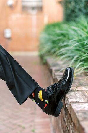 Groom Wearing Taco Socks for Wedding at 701 Whaley in Columbia, South Carolina