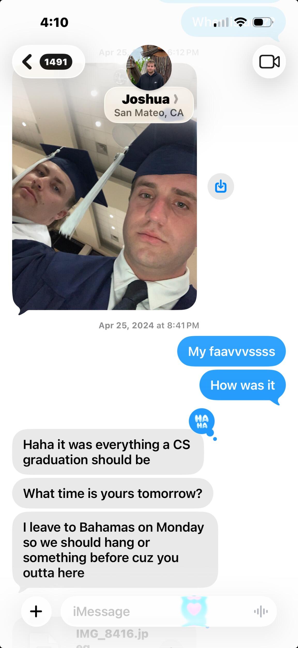 Right around when we graduated, we started texting and decided to hang out. It was timely since I had accepted a job in California and was moving a few weeks later. Josh was working remotely for a company also based in the Bay.