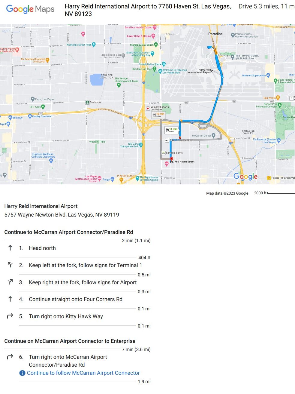 Picture of Directions from Harry Reid International Airport to 7760 Haven St. 