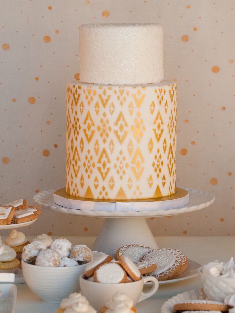Metallic gold ikat print bridal shower cake