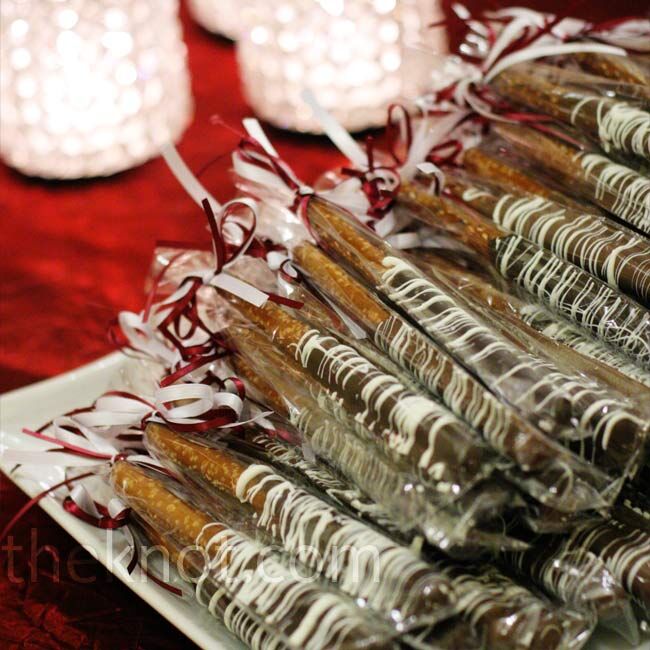 As guests left the reception, they could take small bottles of water and hand-dipped, chocolate-covered pretzels.
