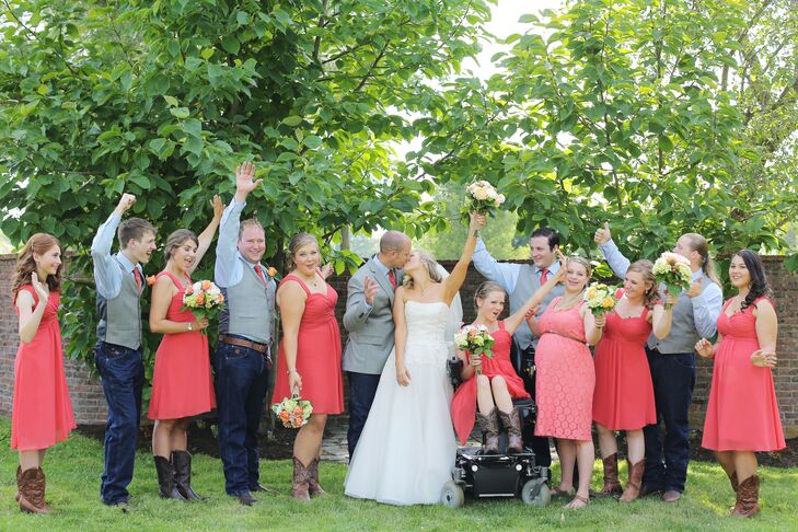 The bridesmaids wore short chiffon dresses by Bill Levkoff in the color persimmon. They chose their own cowboy boots as footwear, although according to the bride, “many didn’t last through the reception—barefoot is best!” The groomsmen wore wrangler jeans with blue dress shirts and persimmon ties to match.