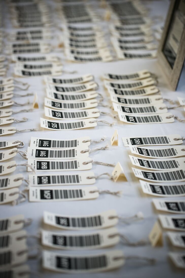 Escort cards at the reception resembled the barcoded luggage tags airport workers stick onto bags.