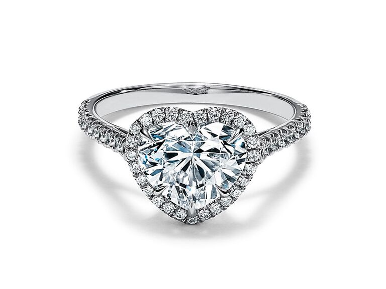 tiffany and co. diamond heart shaped engagement ring with heart shaped round diamond halo and round diamond platinum band