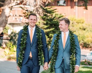 Classic Same-Sex Couple with Blue Suits, Orange Ties and Greenery Leis