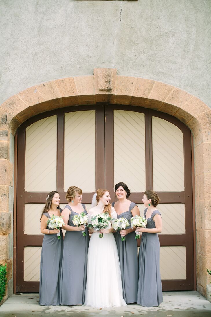 "I had four bridesmaids. Originally, my only criteria were that they were all in the same color and length — they could choose whatever bodice style suited them," says Sloane. "Remarkably, all the girls picked the same style as their favorite, which made it pretty easy for us!"