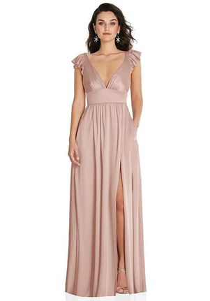 Dessy Group Deep V-Neck Ruffle Cap Sleeve Maxi Dress with Convertible Straps - TH094 V-Neck Bridesmaid Dress