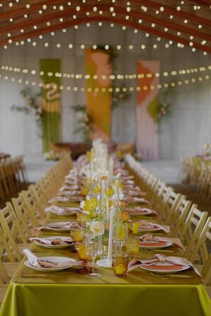 Long Reception Table, Neon Linen, Low Colorful Floral Runner Under String Lights