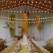 Long Reception Table, Neon Linen, Low Colorful Floral Runner Under String Lights