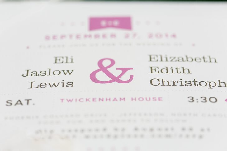 One of Edith and Eli's most enjoyable memories of planning their wedding was working together to customize their graphic black and pink invitation design from Minted.com.