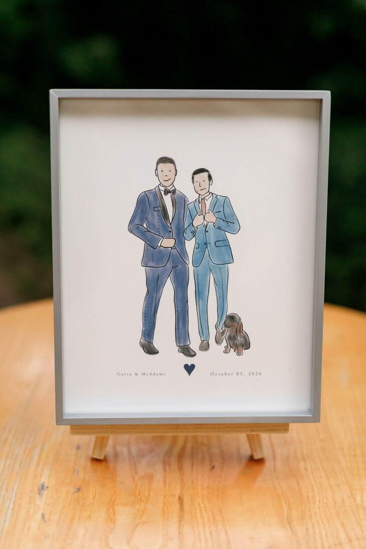 Illustrated Sign of Grooms in Blue Suits with Dog