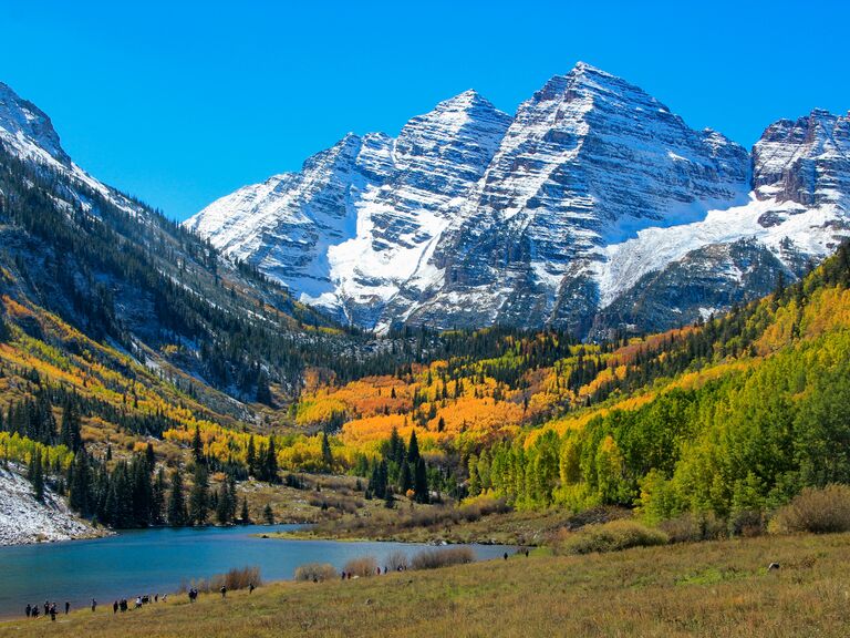 Aspen under Snow Mountain with Lake