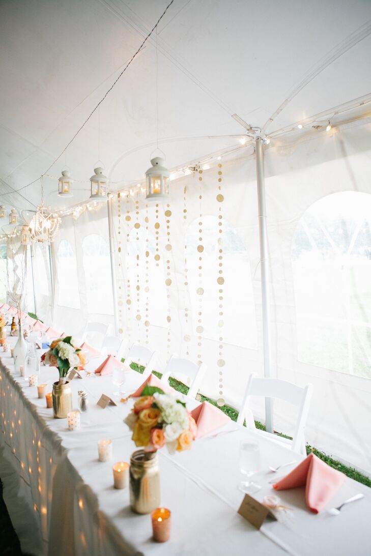 White and Coral Tented Backyard Reception with Lanterns, Candles, and String Lights